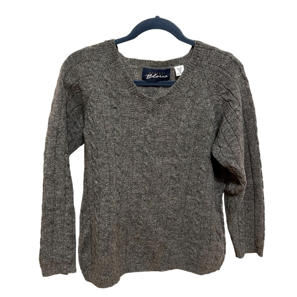 Vintage  100% Wool Gray Grey VNeck Express Bleus Sweater Medium Cable Knit